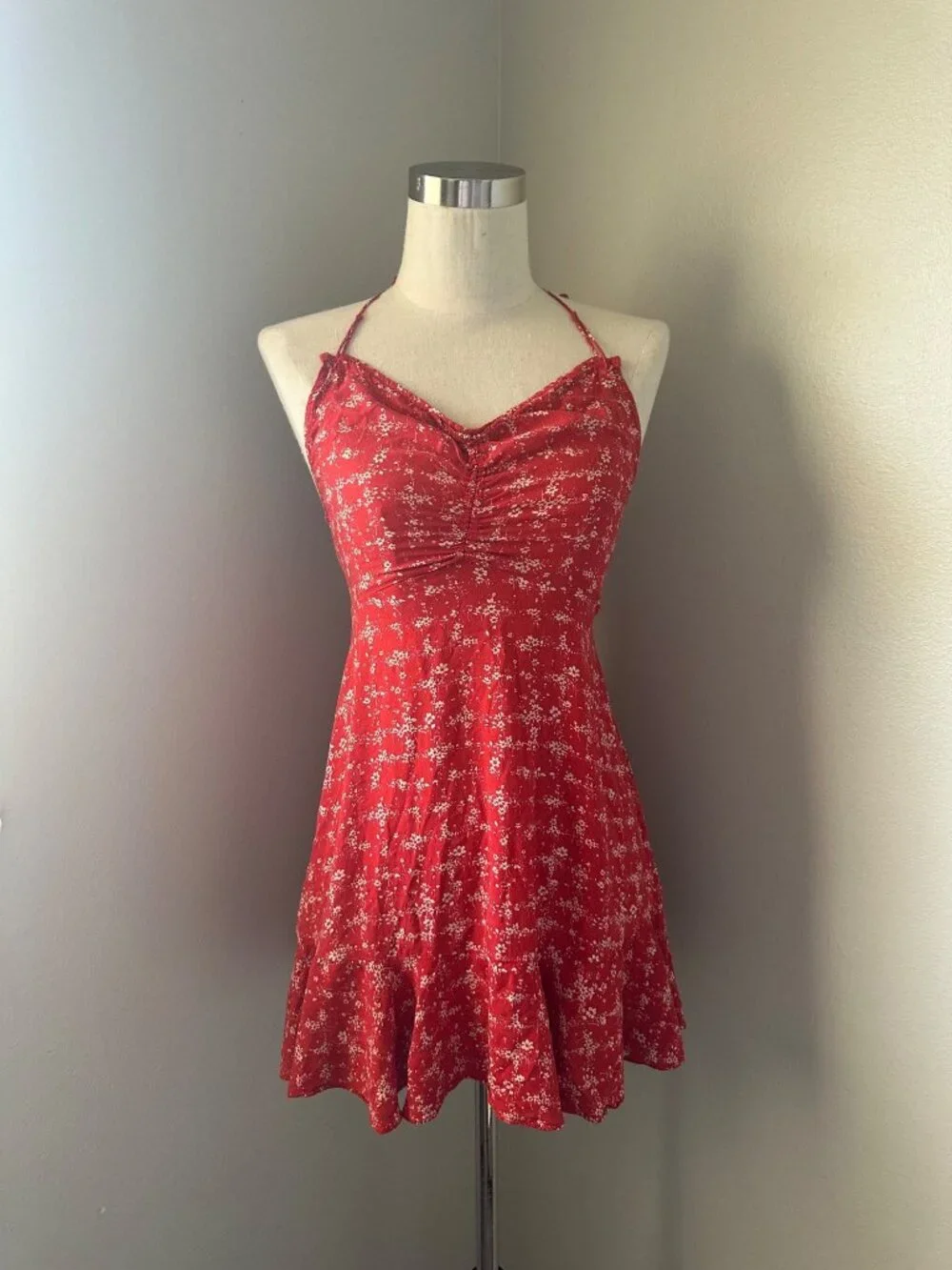 Free People Red Floral Print Halter Mini Dress Viscose Tie Back Lightweight XS